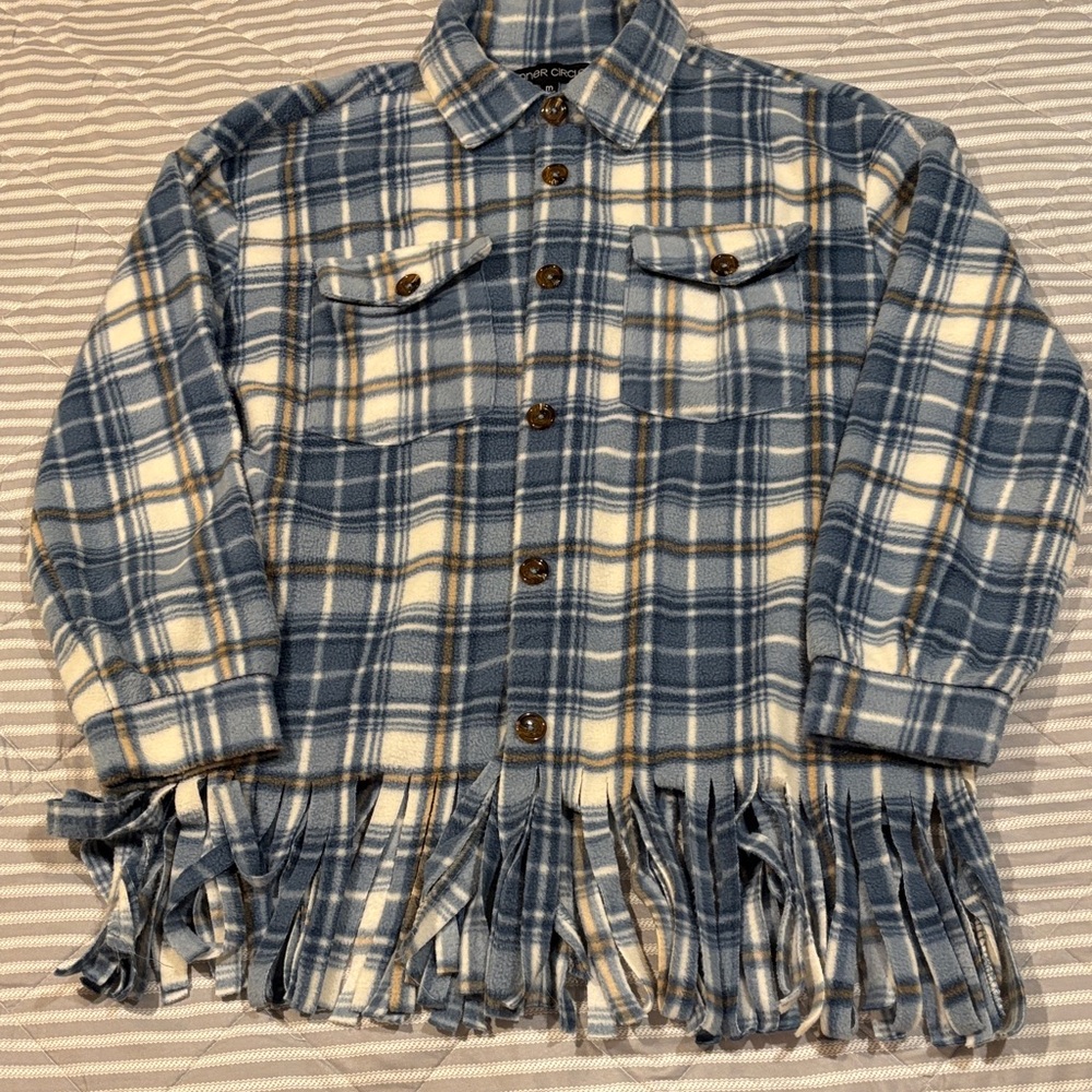 Blue and White Plaid Fringe Shirt